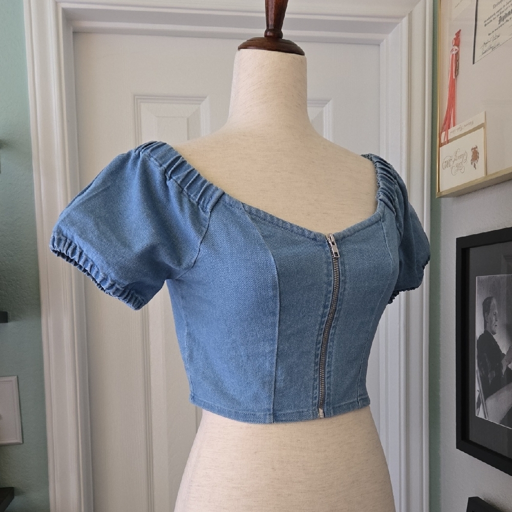 Blue Denim Puff Sleeve Crop Top, S, NWOT